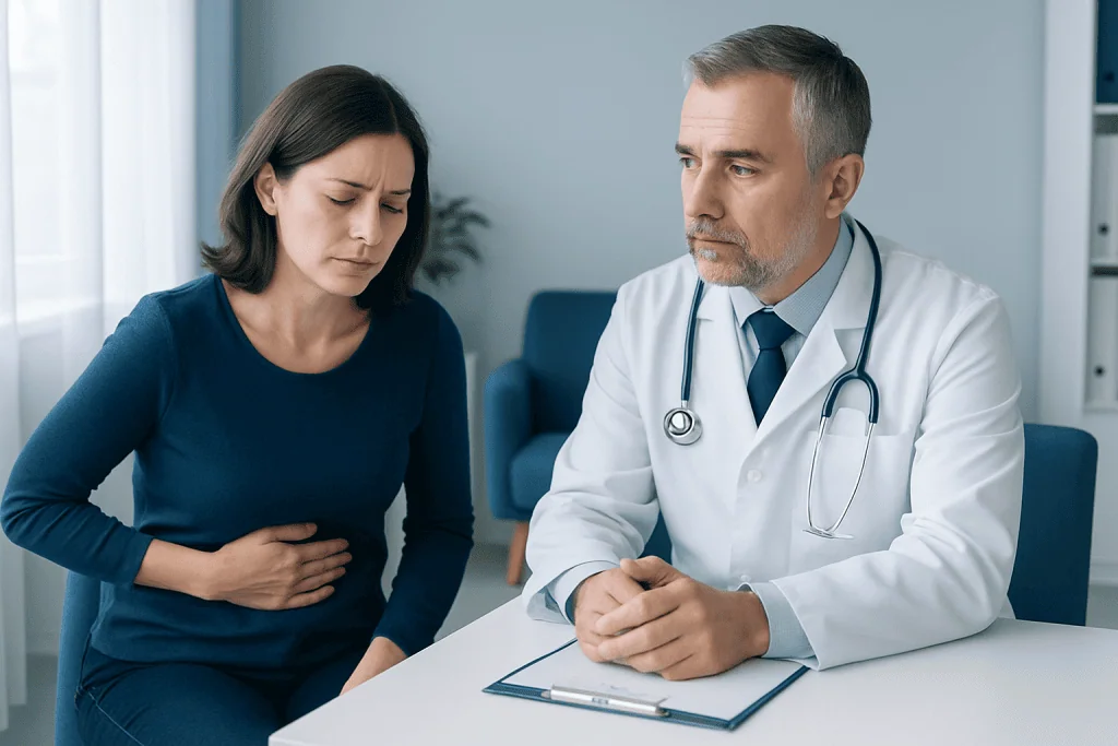Doctor consulting with a woman experiencing abdominal pain in a medical office.