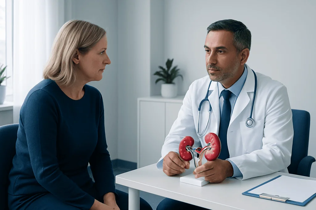 Doctor explaining kidney health to a patient in a medical consultation.