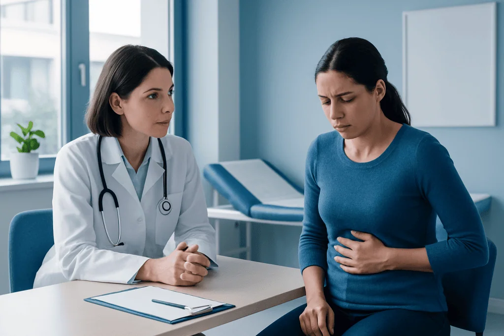Doctor consulting with a woman experiencing abdominal pain in a clinic.