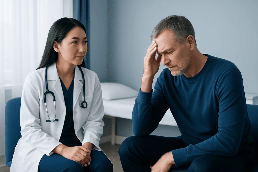 Doctor consulting with a patient experiencing headache in a clinical setting.