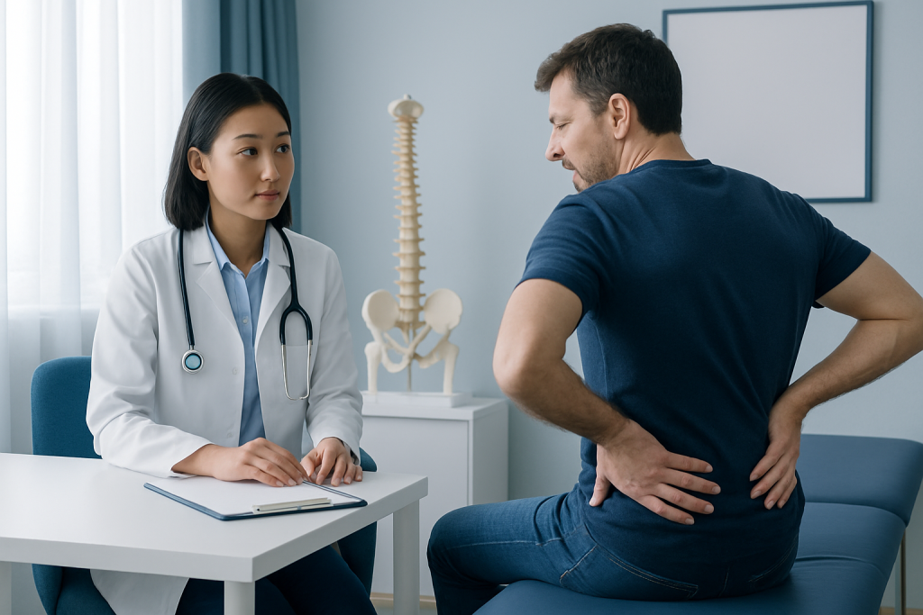 Doctor consulting a patient with back pain in a medical office.