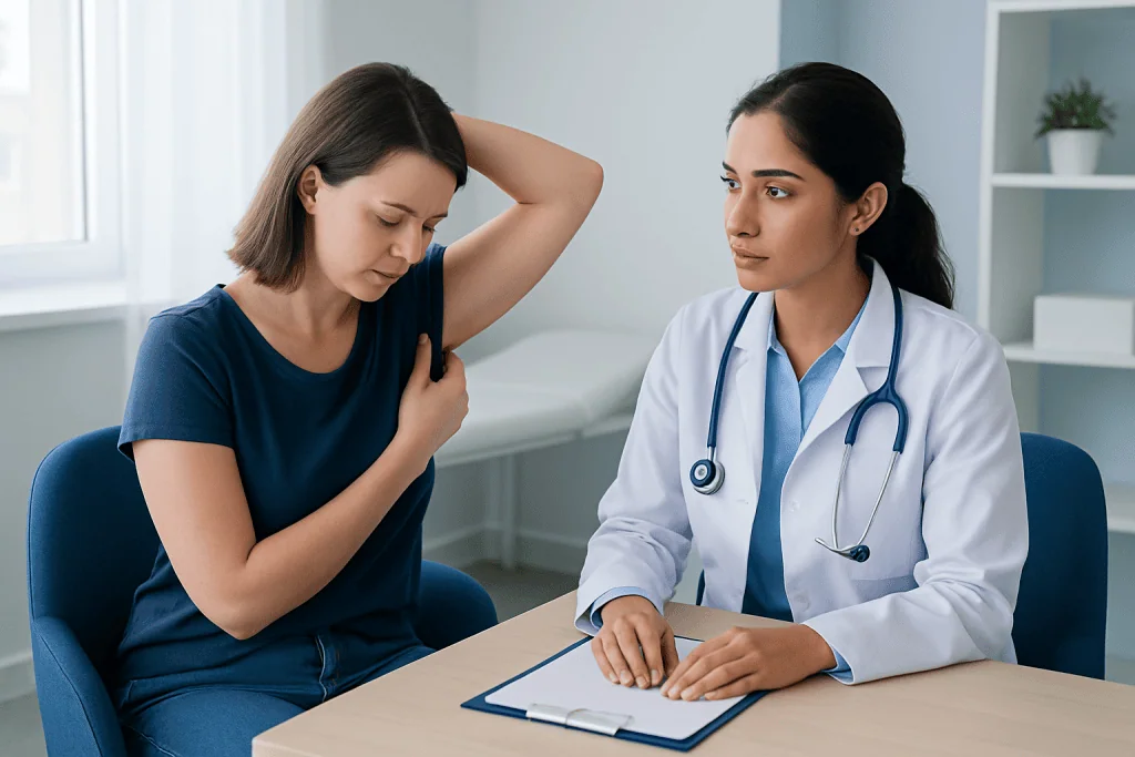 Doctor examining a woman with armpit rash in a clinical setting.