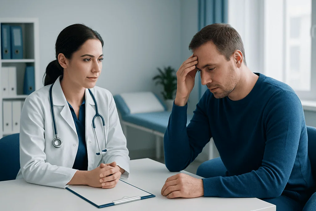 Doctor consulting with a patient about hypoglycemia symptoms in a clinical setting.