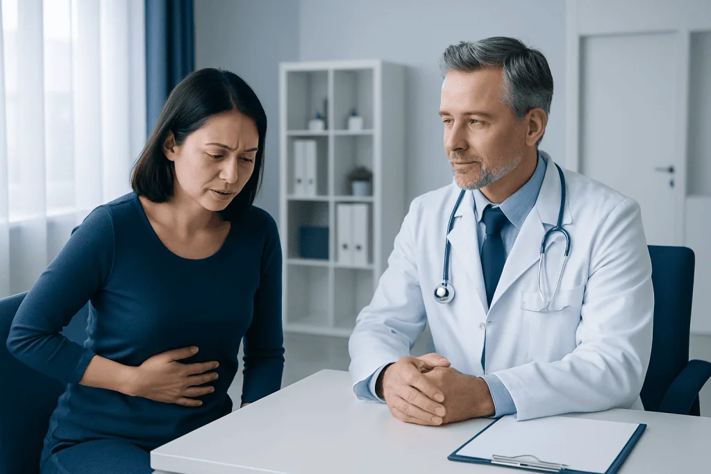 Doctor examining patient with stomach pain in a clinic setting.