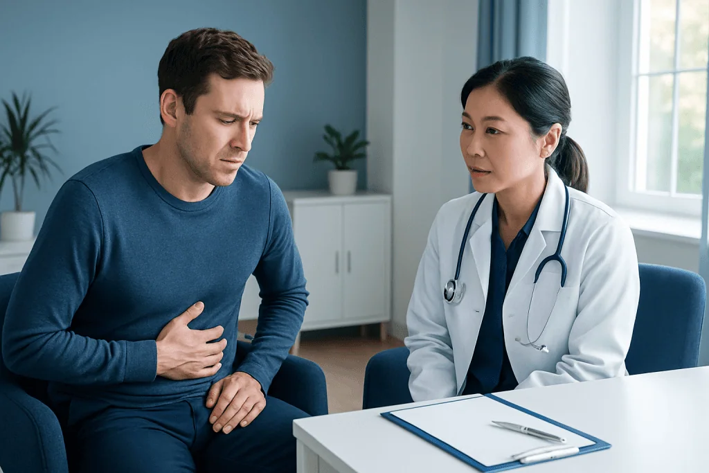 Doctor consulting with a patient experiencing stomach pain in a medical office.