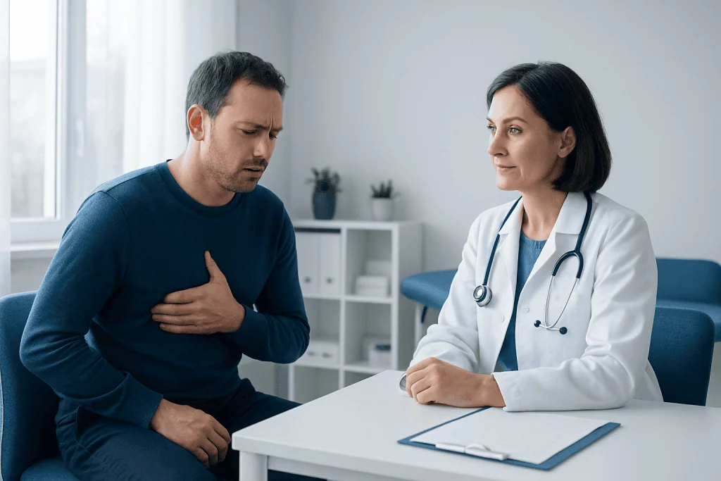 Man experiencing chest pain during medical consultation at Acibadem Hospital.
