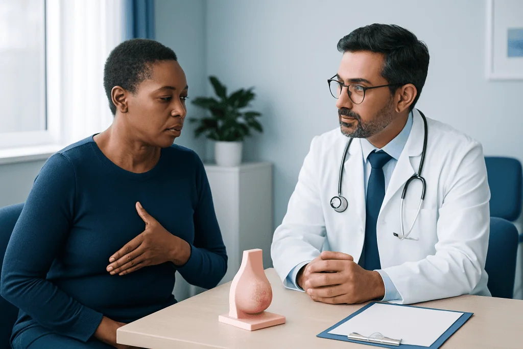 Doctor explaining breast health to a patient in a medical consultation room.