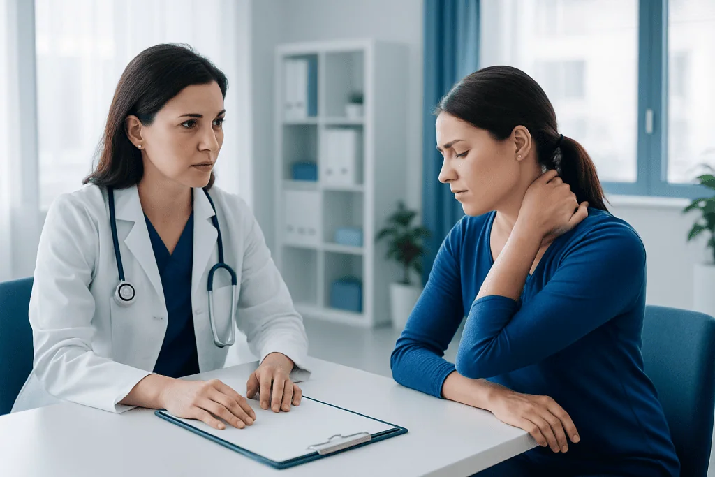 Doctor consulting with a patient about neck pain in a medical office.