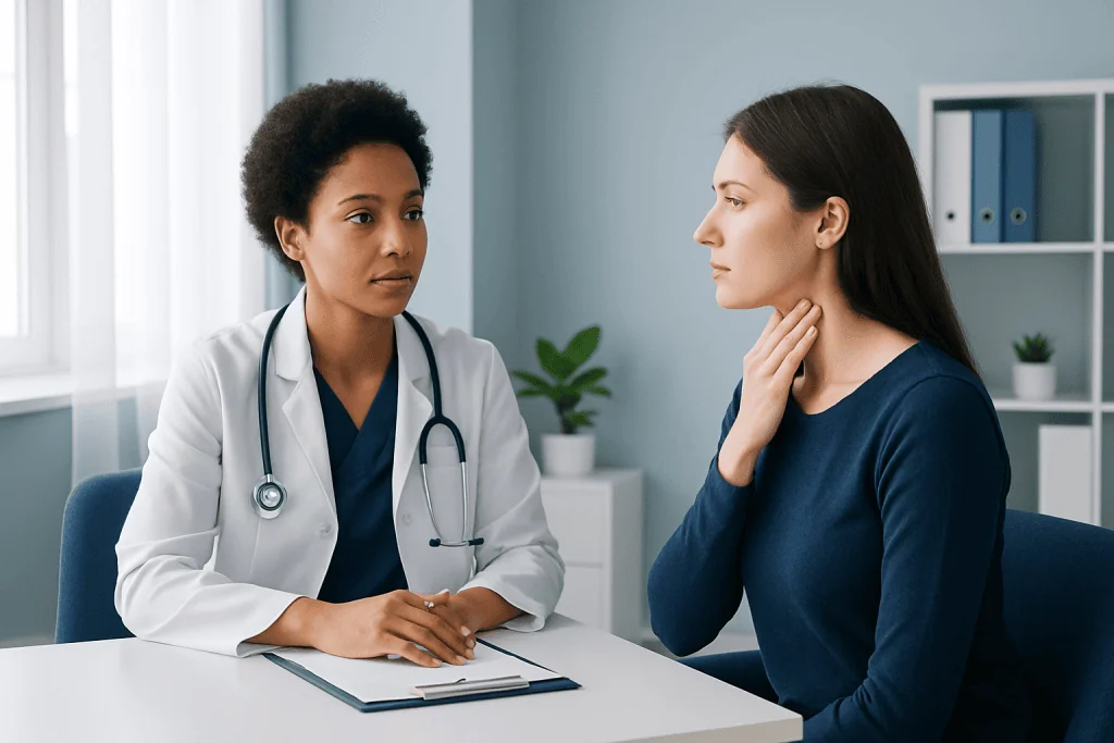 Doctor consulting with a patient about tonsillitis symptoms in a clinic setting.