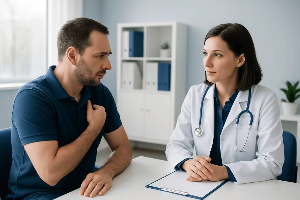 Doctor consulting with patient about swollen lymph nodes in armpit.