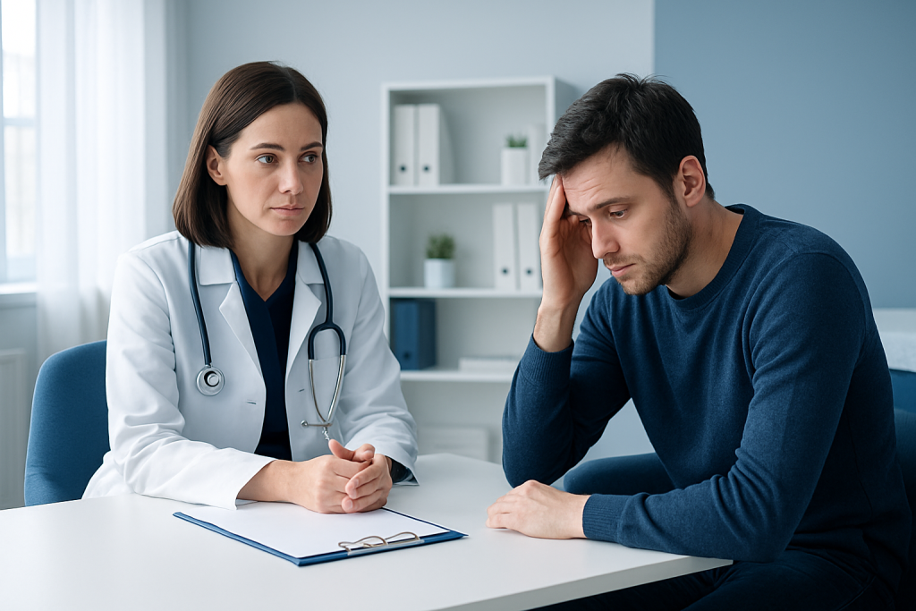 Doctor consulting with a patient about health concerns in a medical office.