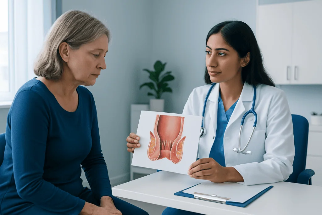 Doctor explaining anal health with diagram to patient in clinic.