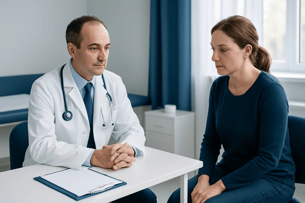 Doctor consulting with a female patient in a medical office setting.