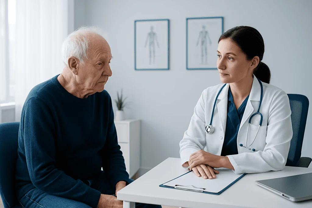 Doctor consulting with elderly patient in a medical office setting.
