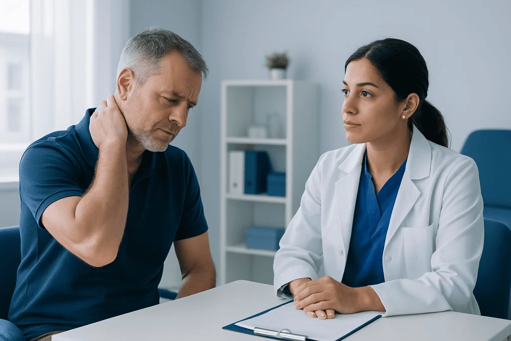 Middle-aged man experiencing neck pain during medical consultation.