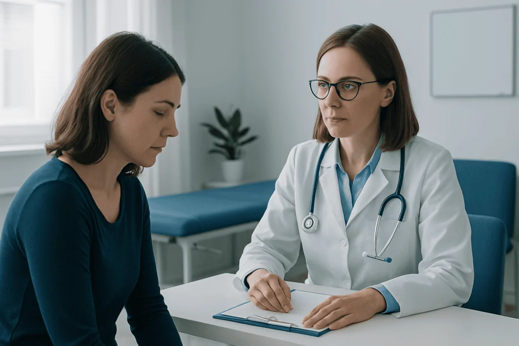 Doctor consulting with a patient about health concerns in a medical office.