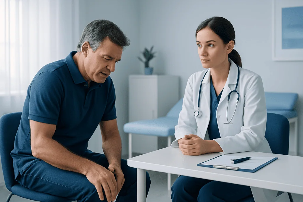 Doctor consulting with patient about knee pain in a medical office.