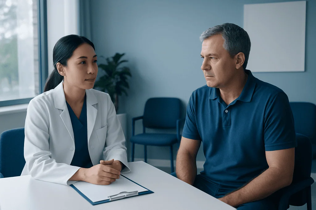 Doctor consulting with a male patient in a medical office.