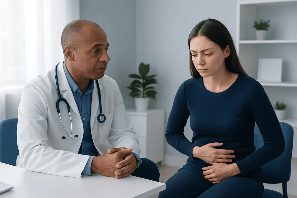 Doctor consulting with a woman patient about stomach discomfort.