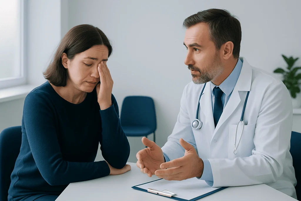 Doctor consulting with woman experiencing left eye pain in clinic.