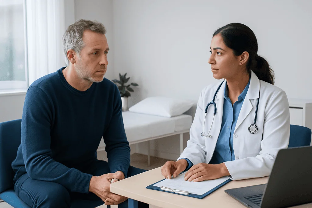 Doctor consulting with patient about tonsil health in a clinical setting.