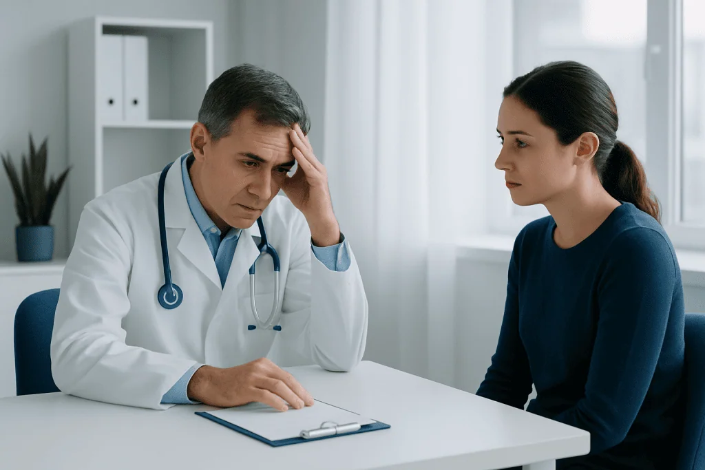 Doctor consulting with a patient about health concerns in a medical office.