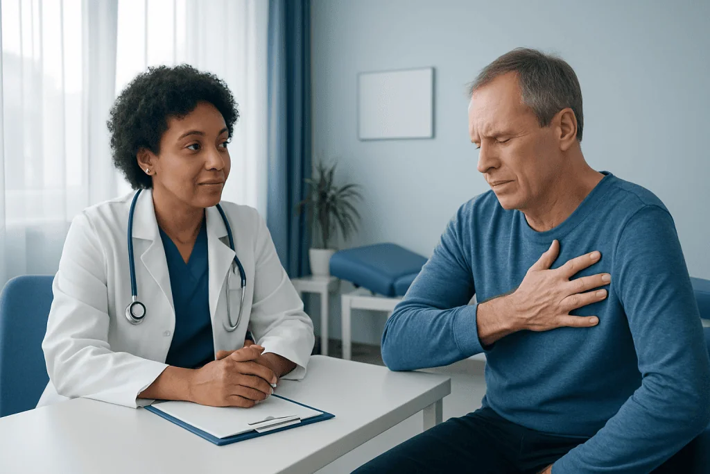 Doctor consulting with a patient about chest discomfort in a medical office.