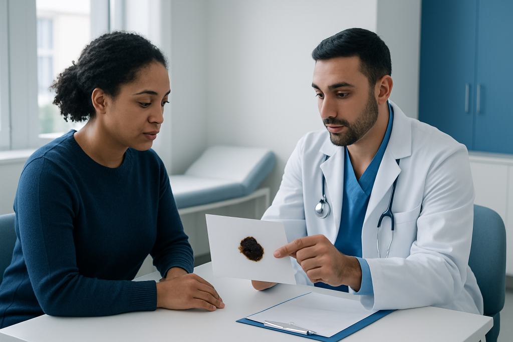 Doctor explaining ear wax issues to a patient in a clinic setting.