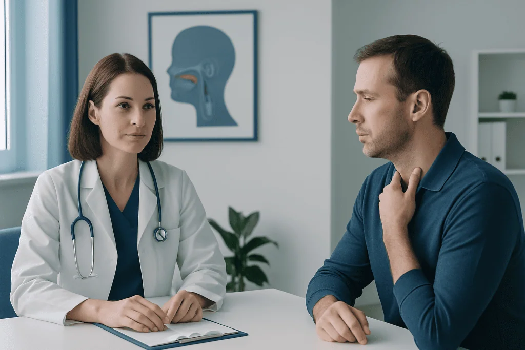 Doctor consulting with patient about throat health in clinic setting.