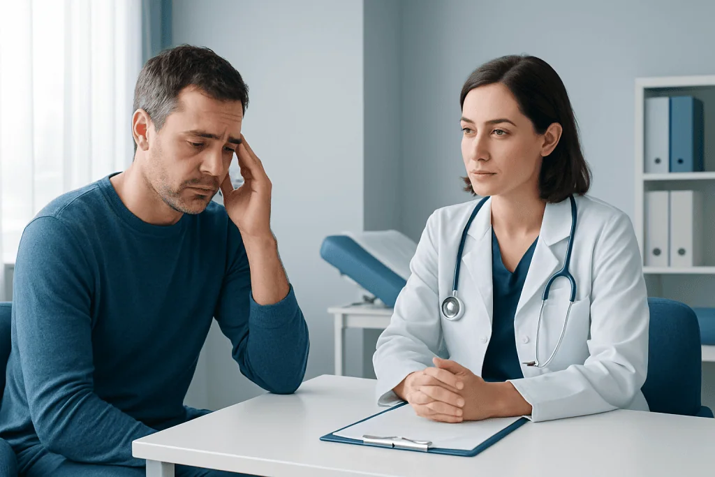 Patient consulting with doctor about neurological symptoms in a clinic setting.
