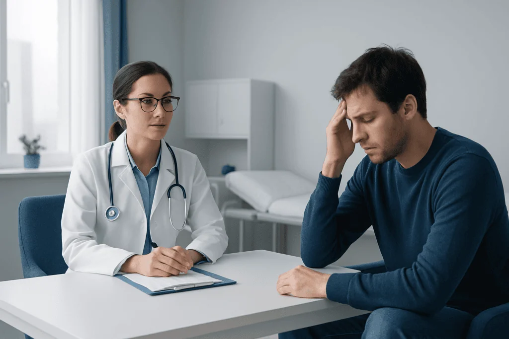 Doctor consulting with a patient experiencing headache or stress.