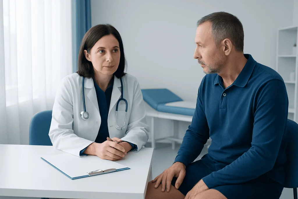 Doctor consulting with a male patient in a medical office.