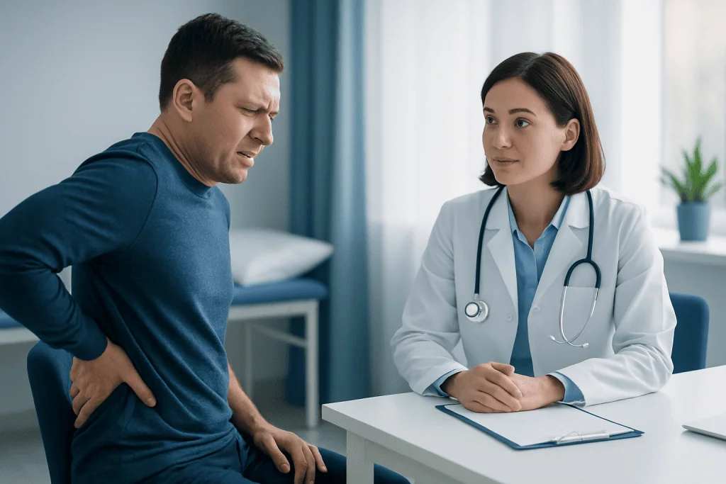 Patient experiencing back pain consulting with doctor at hospital.