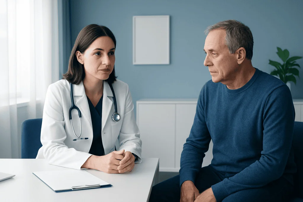 Doctor consulting with male patient in a medical office setting.