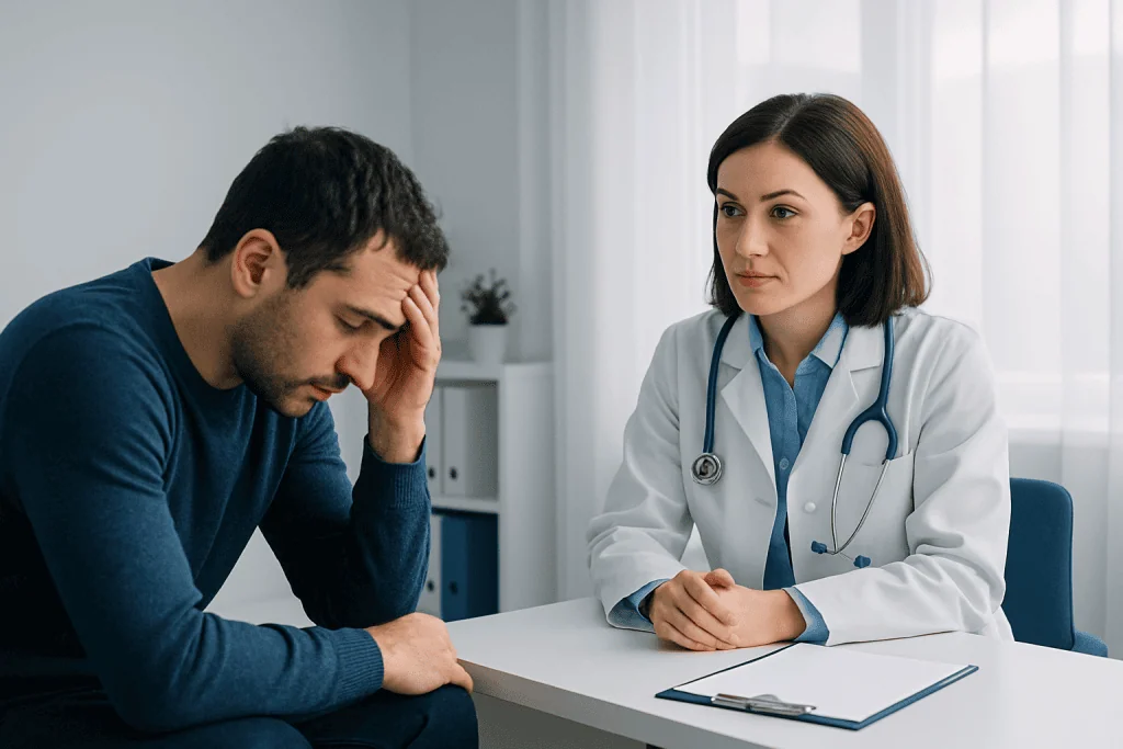 Patient experiencing sleep issues consulting a doctor in a medical office.