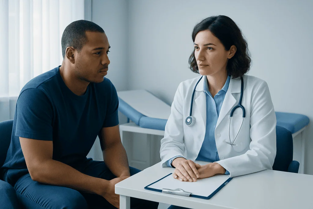 Doctor consulting male patient about testicular health in clinic.