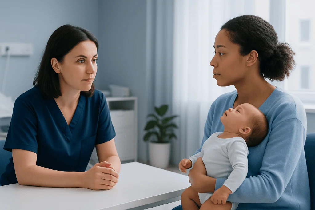 Pediatric consultation with a doctor and mother holding a baby in a clinic.