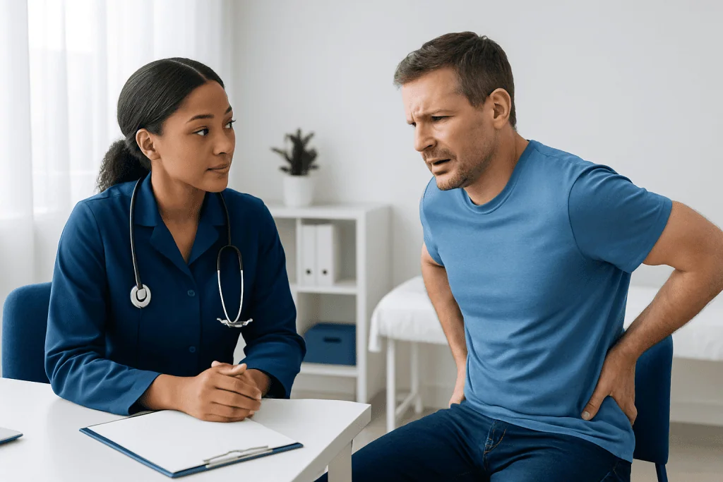 Doctor consulting with a patient experiencing back pain in a medical office.