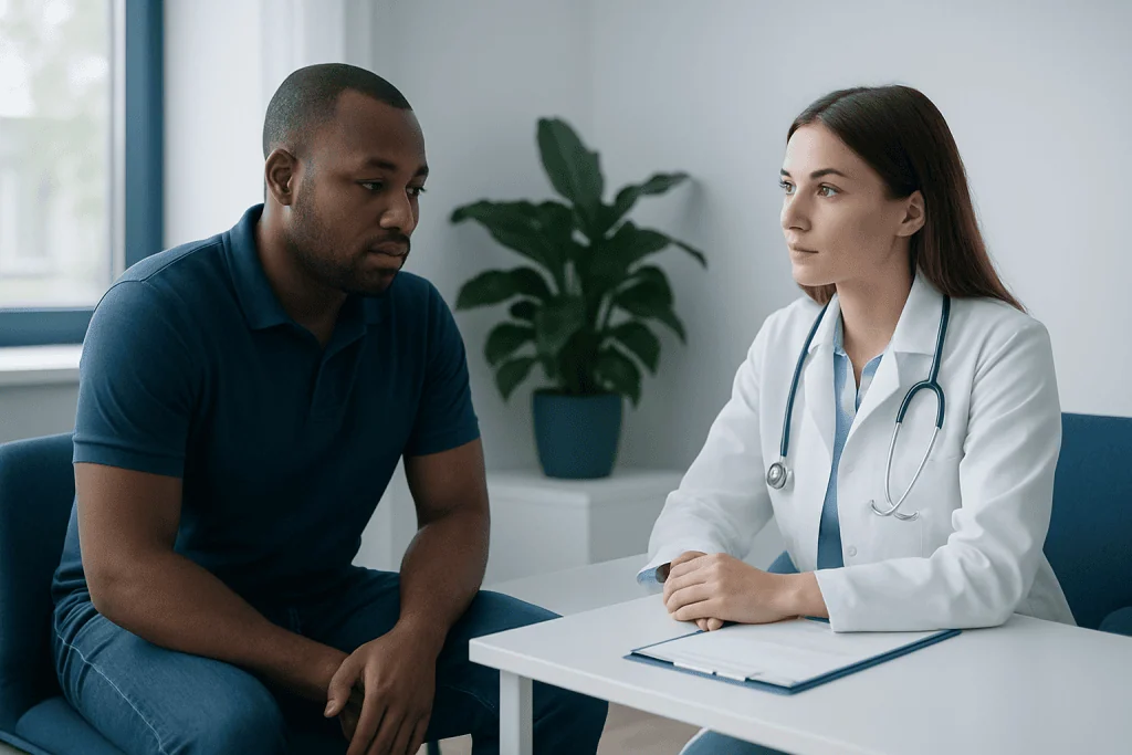 Doctor consulting with male patient in a modern clinic setting.