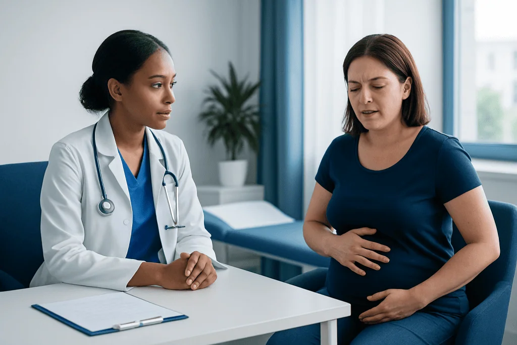Doctor consulting a patient with stomach pain in a hospital setting.