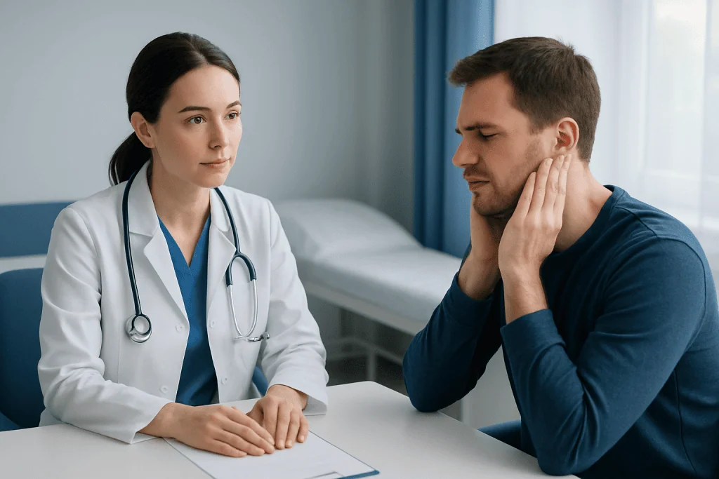 Doctor consulting with patient about ear pain and swallowing issues.
