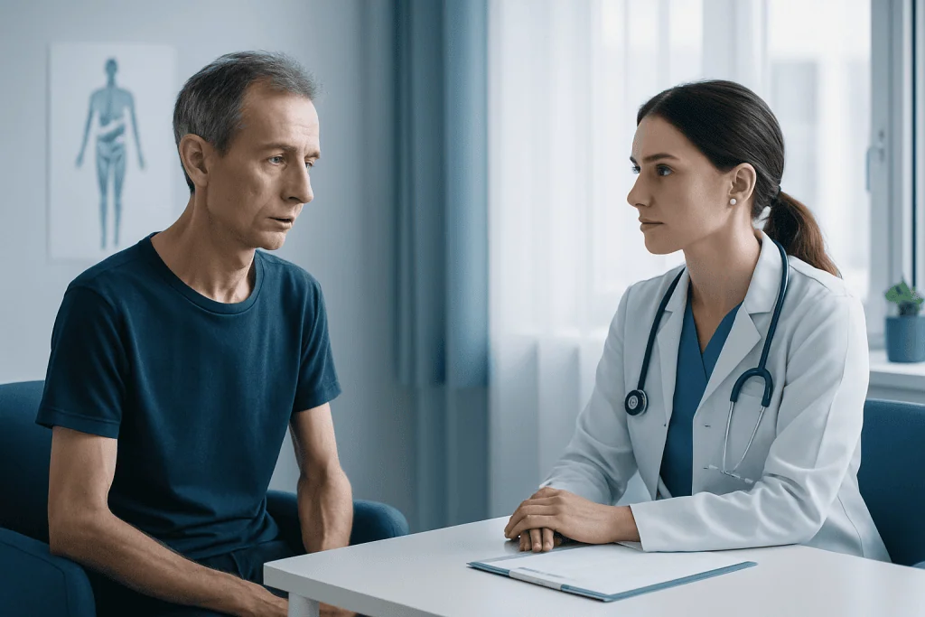 Doctor consulting with middle-aged male patient in hospital room.