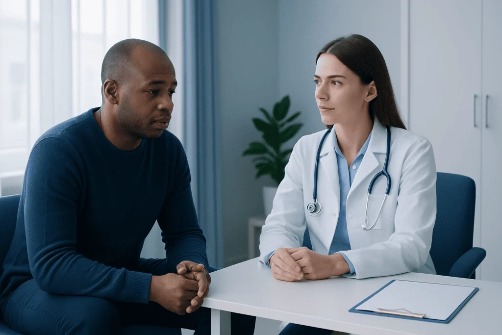 Doctor consulting with male patient in a medical office setting.