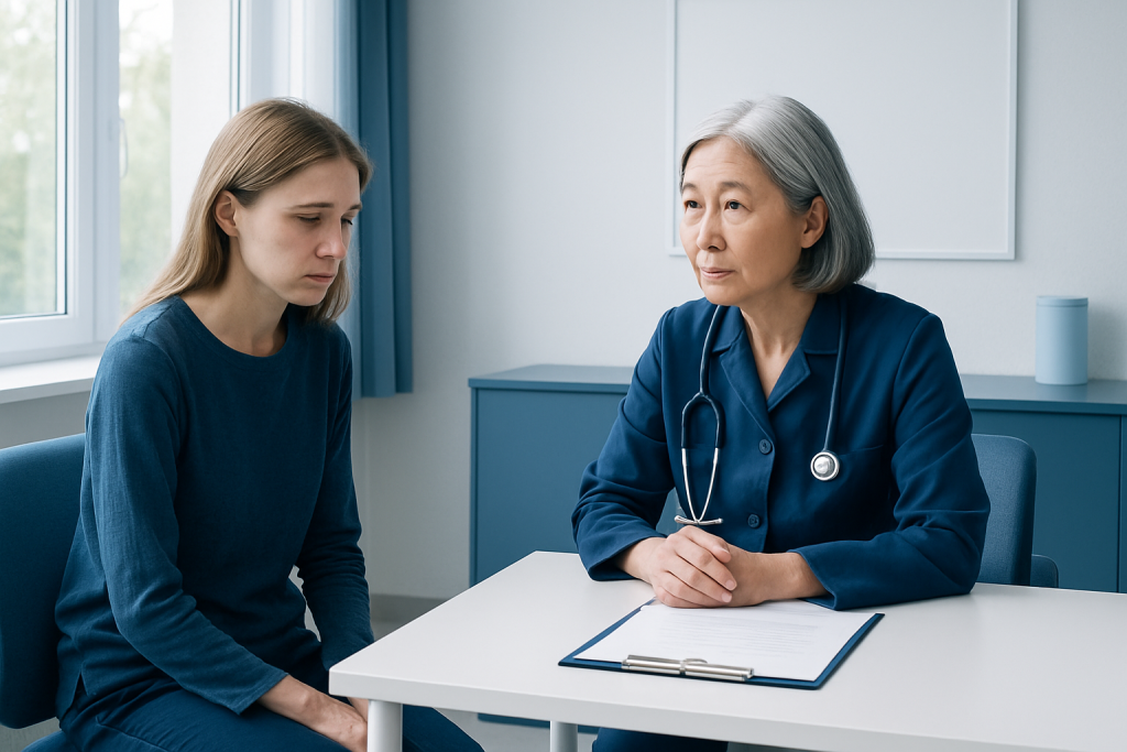 Young woman consulting with an elderly female doctor in a medical office.