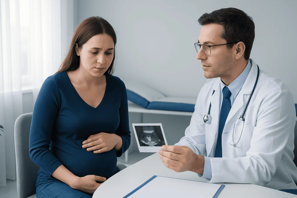 Doctor explaining ultrasound results to pregnant woman in a clinic.
