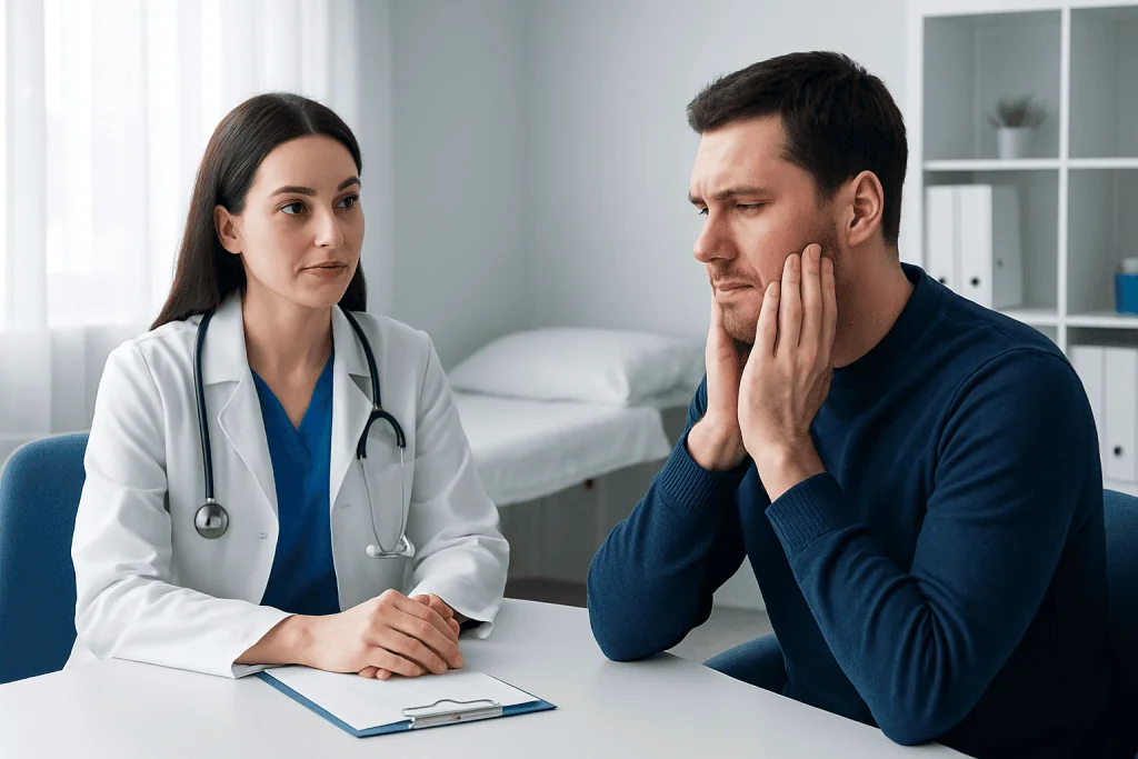 Doctor consulting with a patient about facial heat sensation causes.