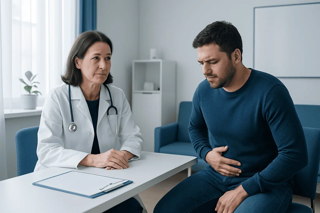 Doctor consulting with a patient about gastrointestinal symptoms in a clinic.