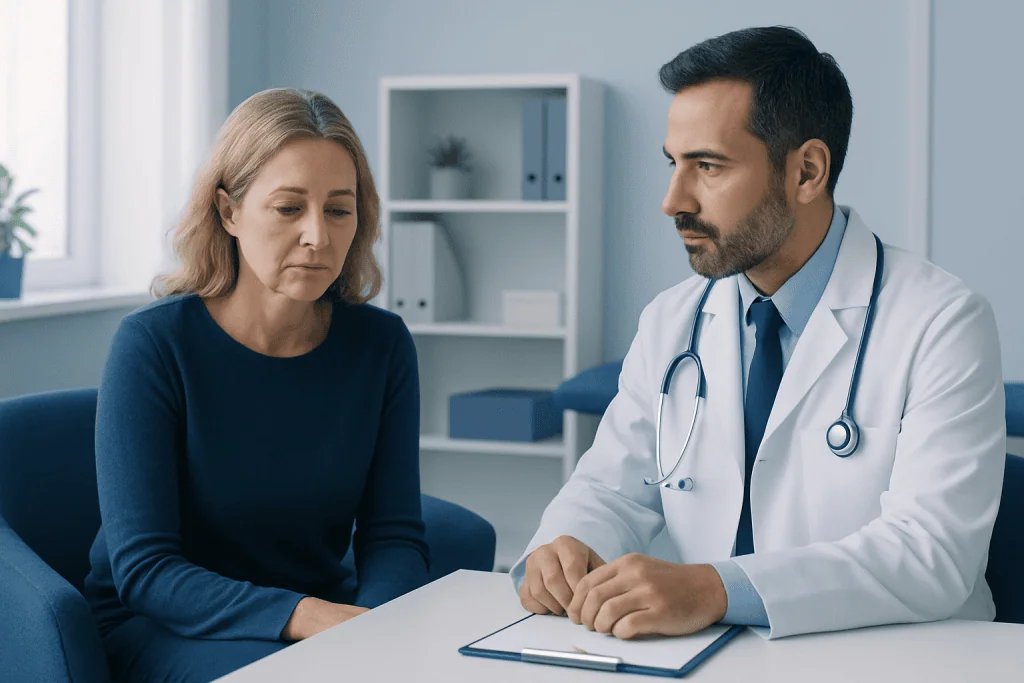 Doctor consulting with a woman patient in a medical office.