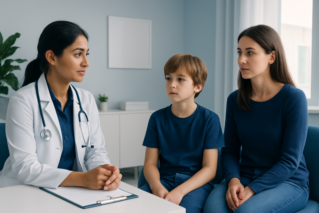 Doctor consulting with a young boy and his mother in a medical office.
