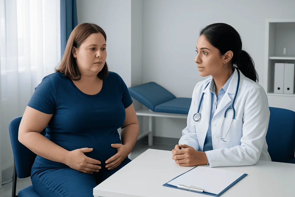 Doctor consulting with a patient about stomach health in a clinical setting.